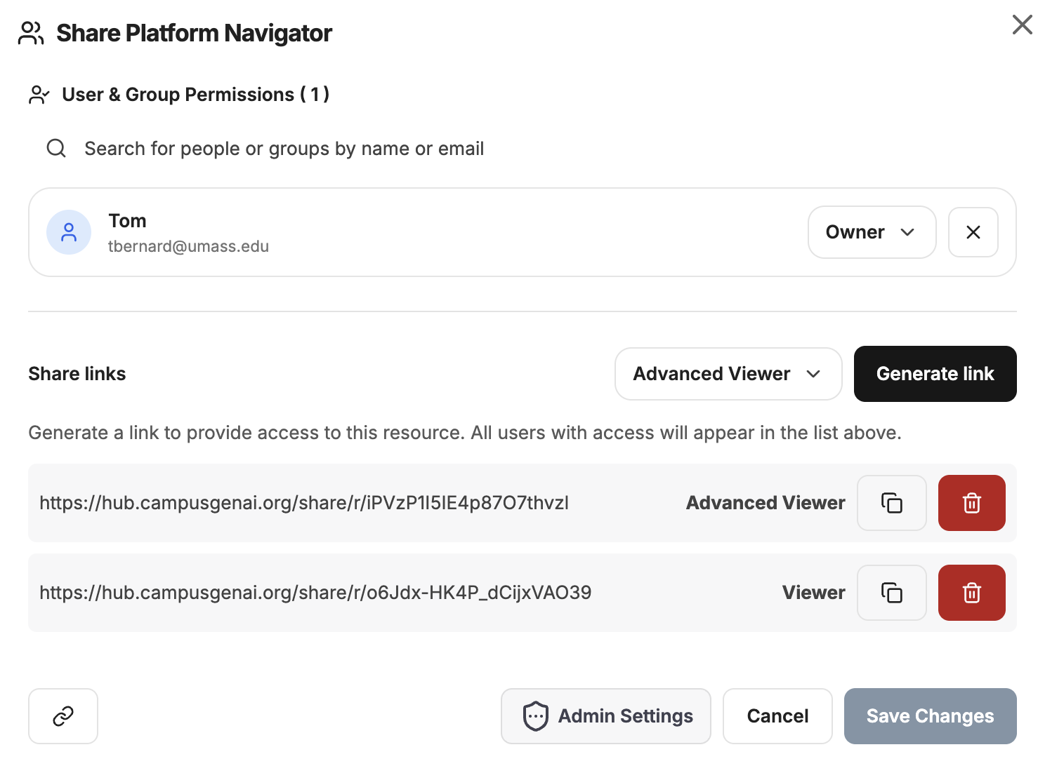 The share dialog, showing Generate link, the Viewer and Advanced Viewer link types, and the list of people with access