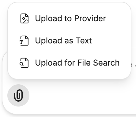 The Attach File Options menu in a chat, showing Upload to Provider, Upload as Text, and Upload for File Search
